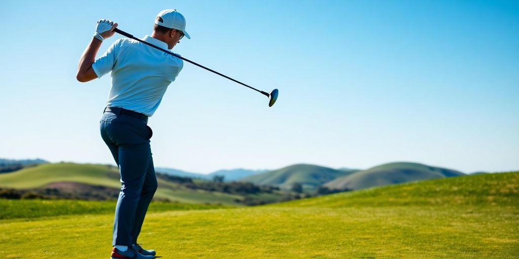 Golfer mid-swing, golf course background.
