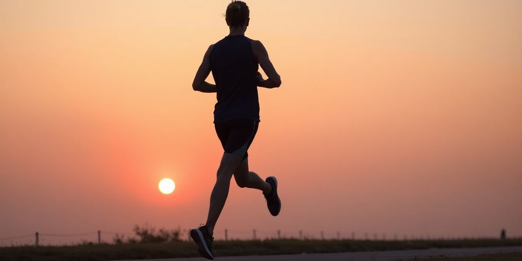 Person exercising outdoors during sunrise.