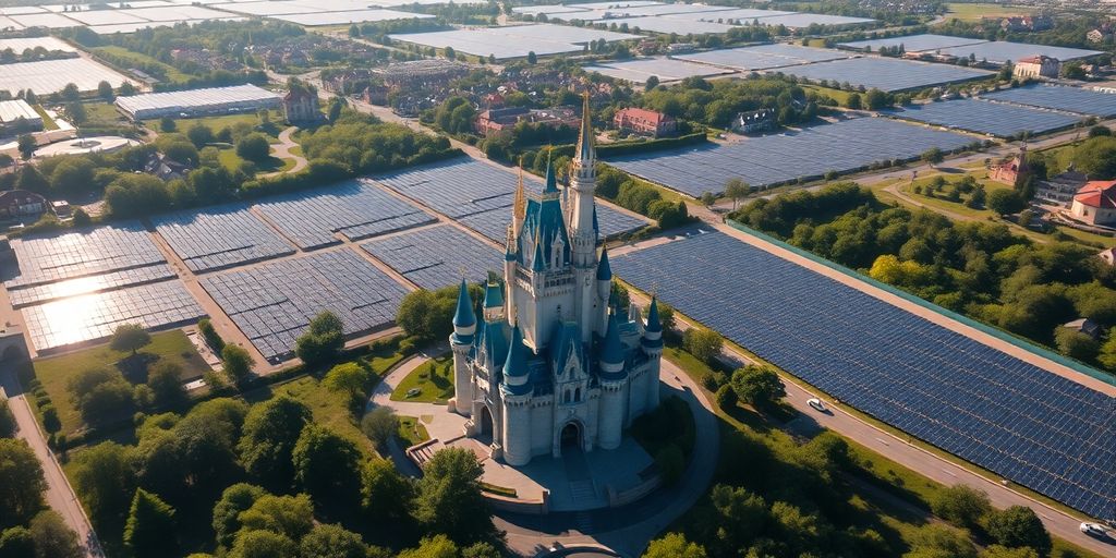 Disneyland Paris, château, vue aérienne, panneaux solaires