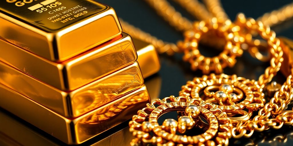 Lingots d'or et bijoux en or côte à côte.