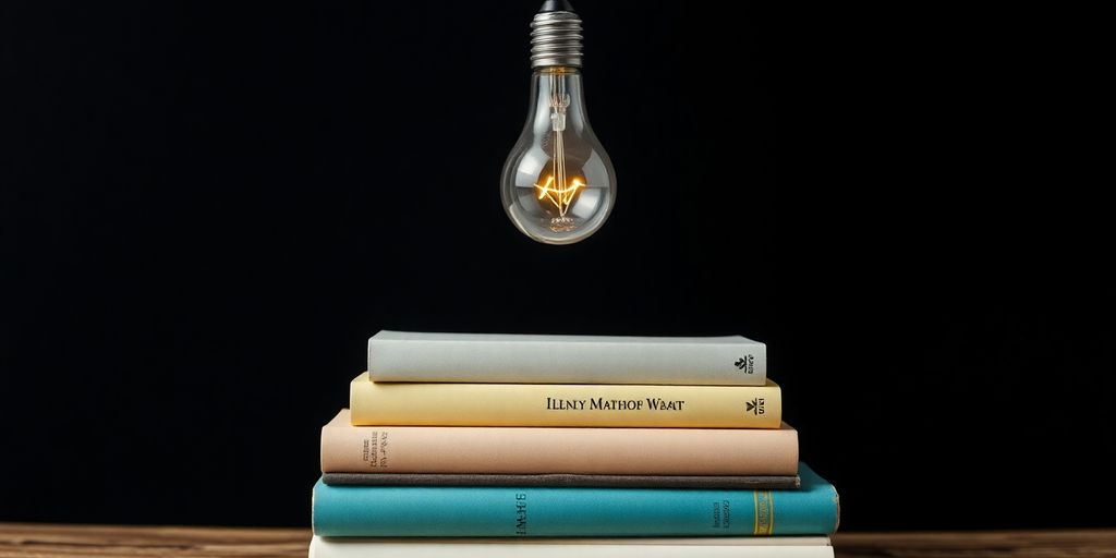 Stack of books with a glowing lightbulb above.