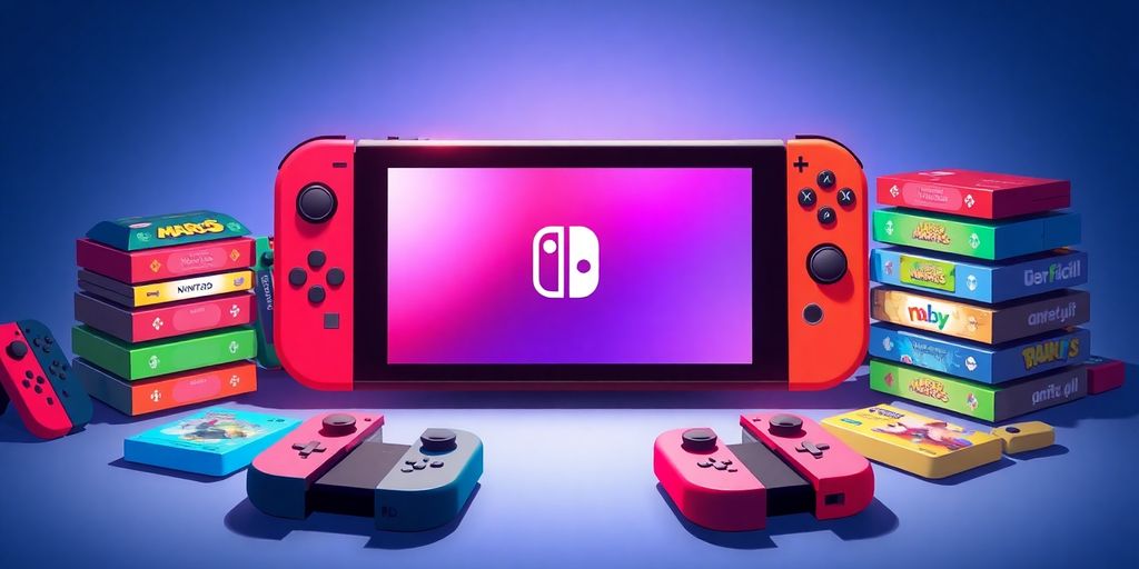 Nintendo Switch console with colorful game cartridges and joy-cons.