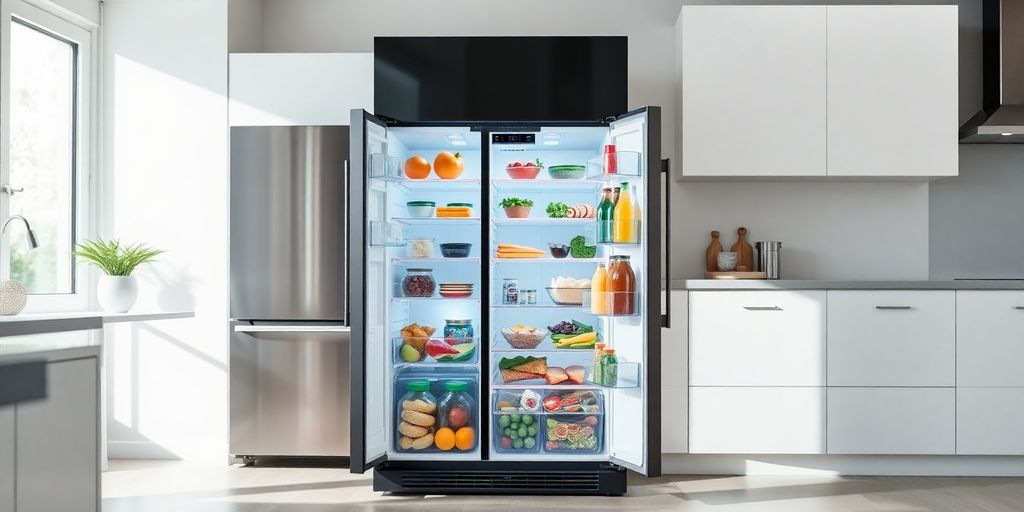 Moderner Kühlschrank in heller Küche mit offenem Design.