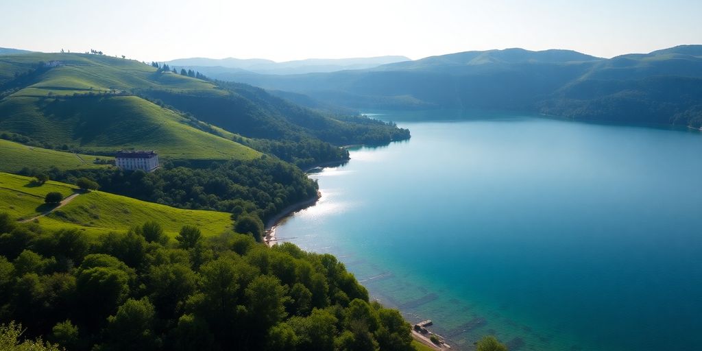 Paysage verdoyant du Lot avec un lac paisible.