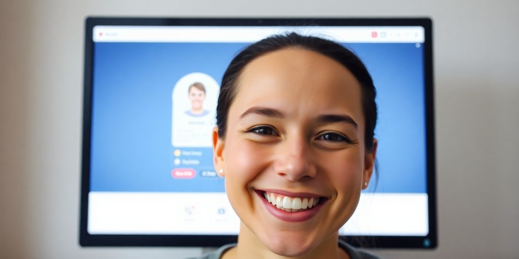 Person happily posting an ad online.