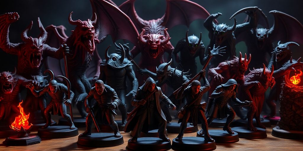 Call of Cthulhu RPG miniatures: monsters and investigators.