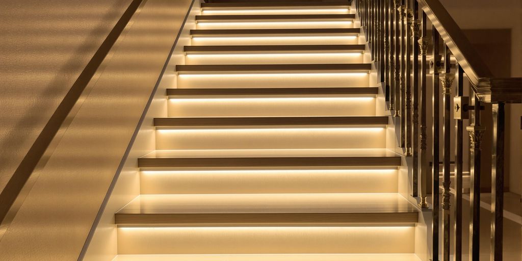 Stylish staircase with layered lighting techniques for safety.