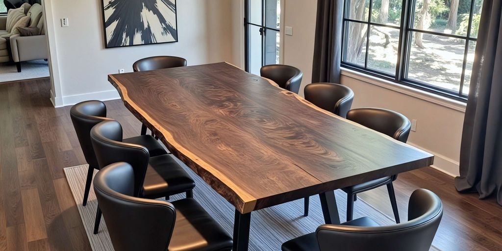 Elegant dining area featuring a wooden table and black chairs.