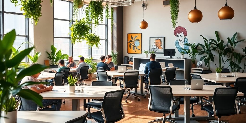 Coworking space in Shanghai with modern desks and greenery.
