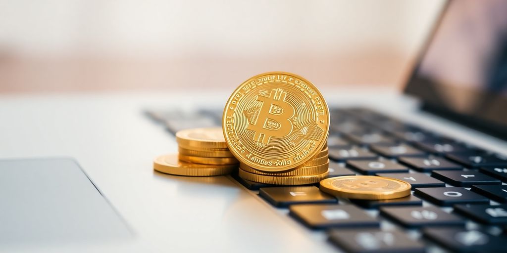 Digital coins stack on a laptop keyboard