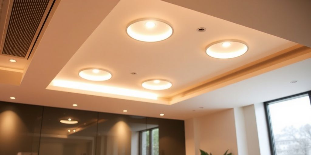 Bright 12v LED downlights illuminating a modern room.