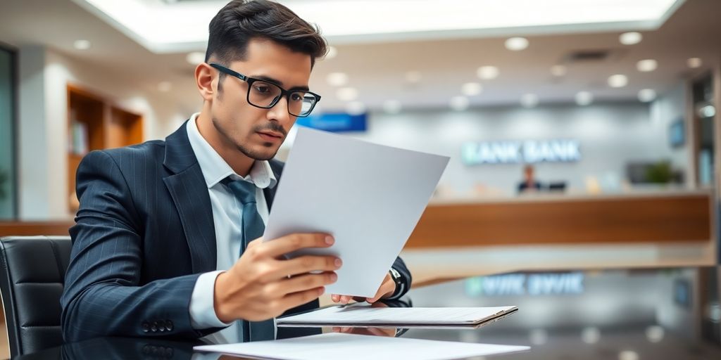 Person reviewing financial documents, bank setting