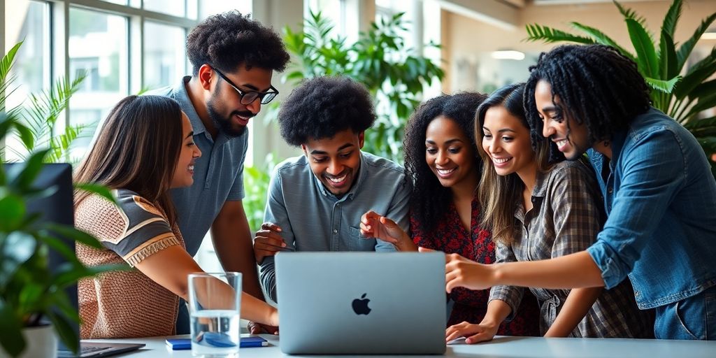 Diverse team collaborating on AI technology in a workspace.