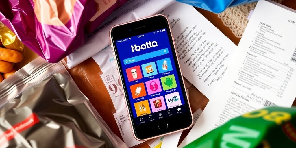 Smartphone showing Ibotta app with shopping items around.