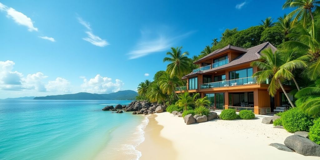 Tropical villa in Phuket with beach and greenery.