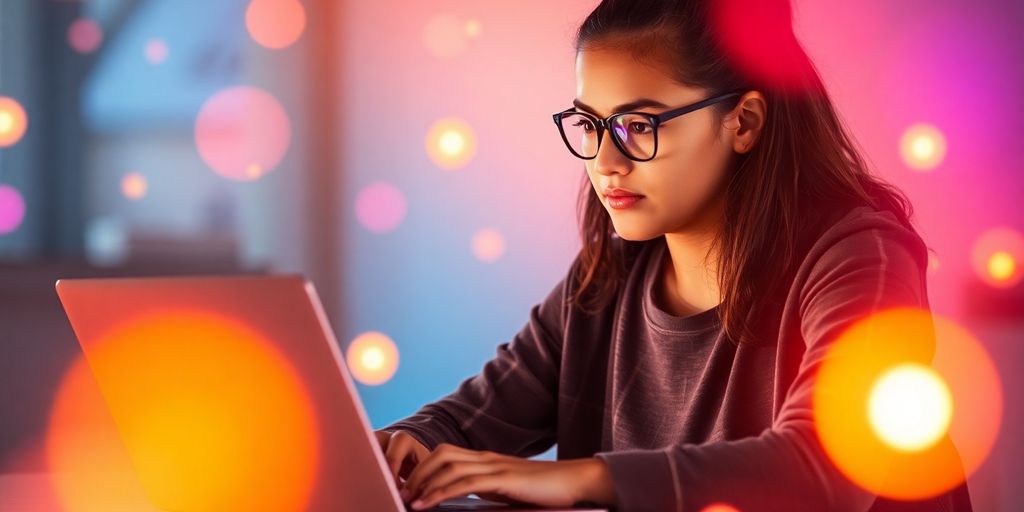 Student using laptop with glowing abstract shapes.