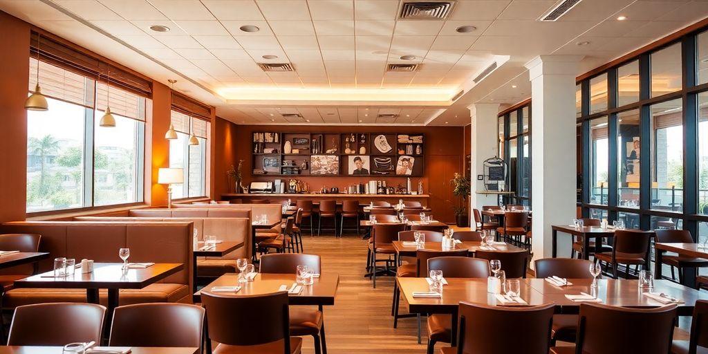 Salle de restaurant moderne et accueillante, éclairage doux.