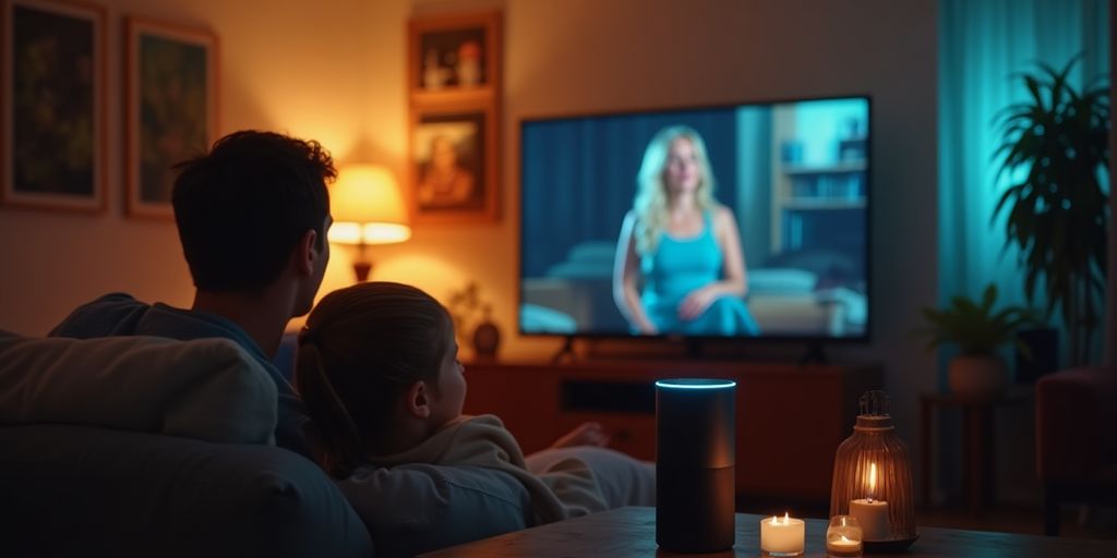 A modern living room with a smart speaker and people.