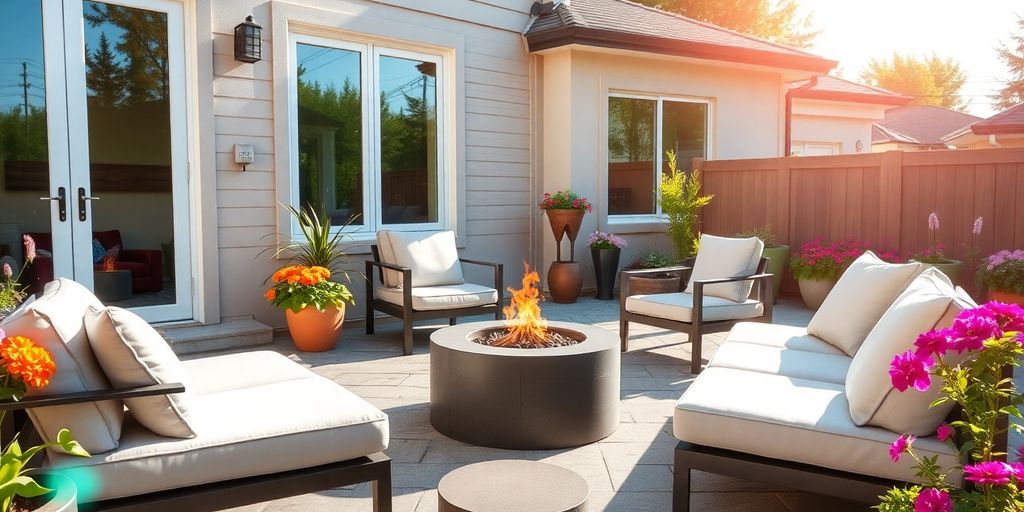 Modern patio with comfortable furniture and lush greenery.