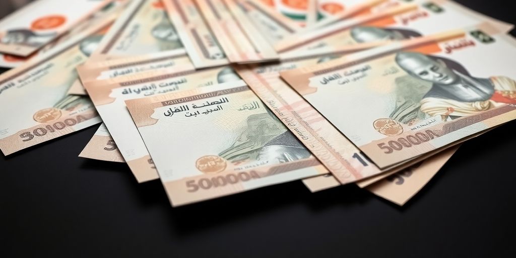 Realistic Kuwaiti banknotes displayed on a flat surface.