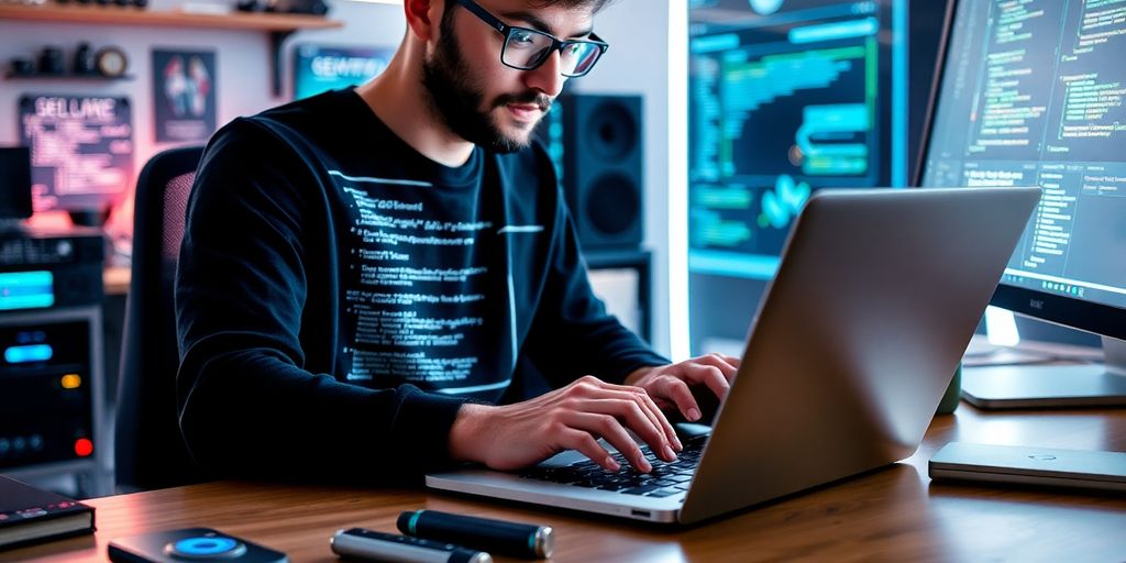 Developer using AI tools in a modern workspace.
