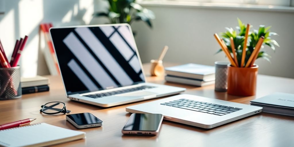 Professional workspace with laptop and smartphone on desk.
