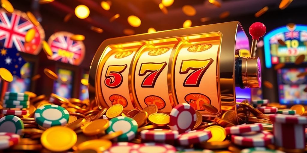 Spinning slot reels with Australian coins and chips.