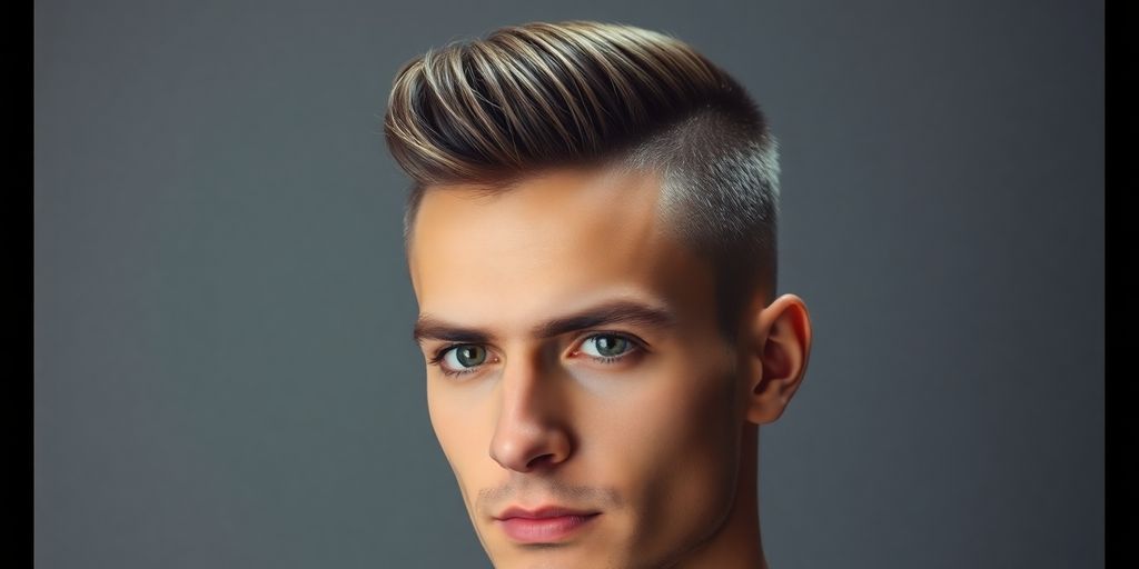 Man with receding hairline, faux hawk haircut.