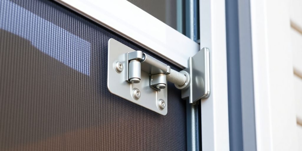 Close-up of screen door spring hinges in action.