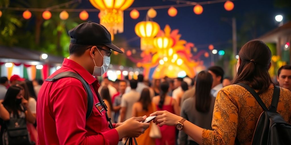 Security personnel checking bags at a Bali celebration.