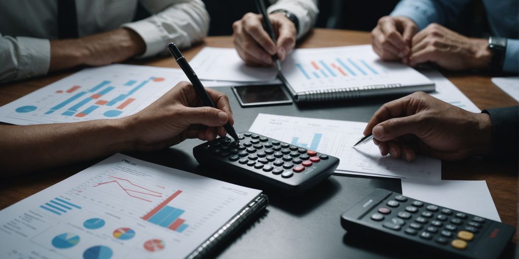 Group managing finances with charts and calculators