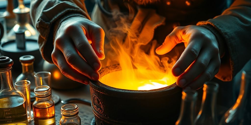Alchimiste travaillant avec de l'or et des fioles.