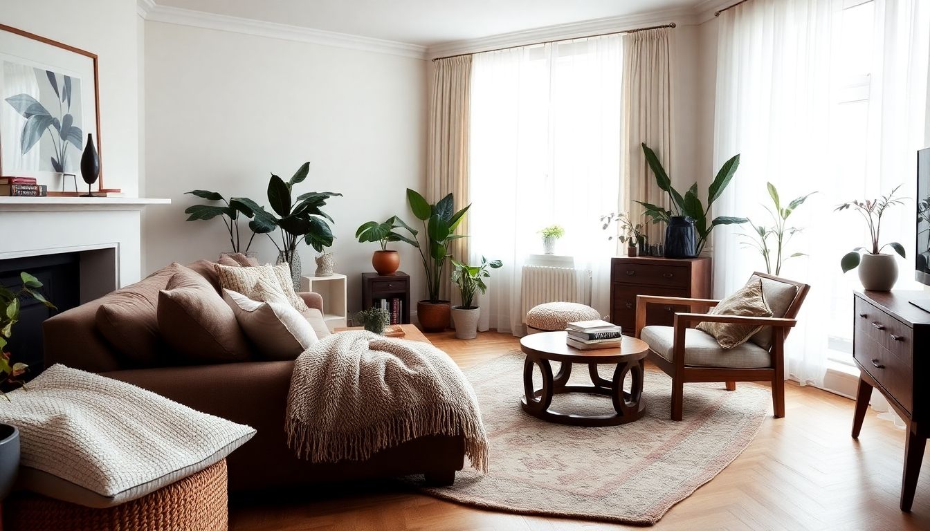 Cosy living room with layered textures and natural light.