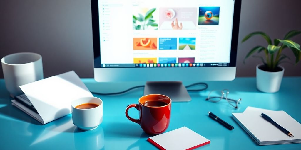 A workspace with a computer and coffee cup.