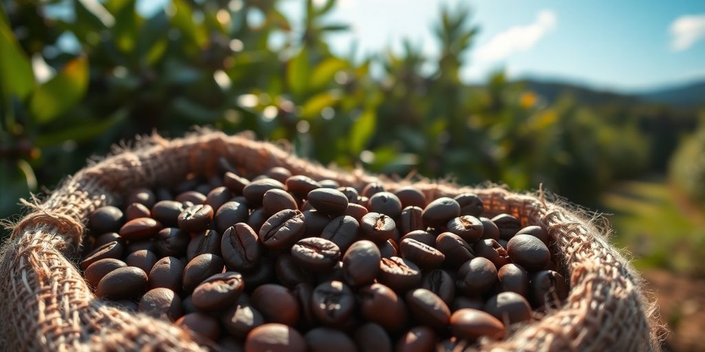 Roasted coffee beans, burlap sacks, Latin American farm.