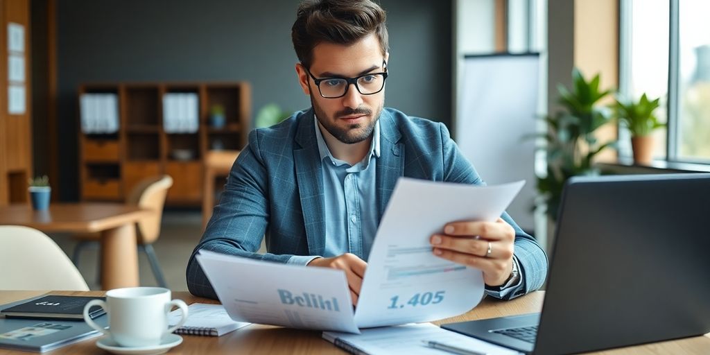 Entrepreneur reviewing financial documents in a bright office.