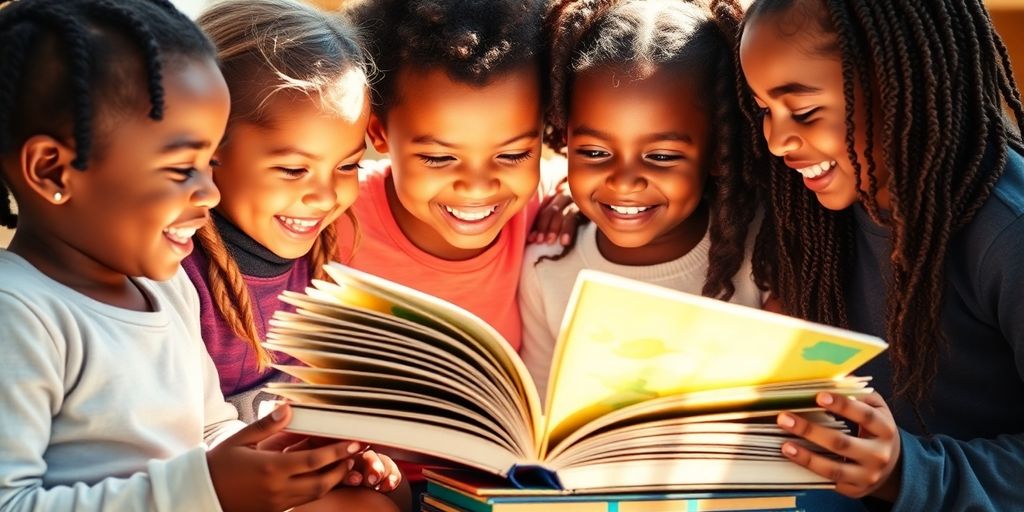 Children reading books with vibrant covers.