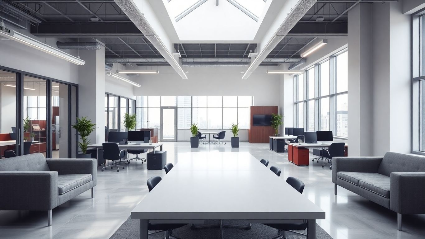 Moderne Bürofläche mit viel Licht und Pflanzen.