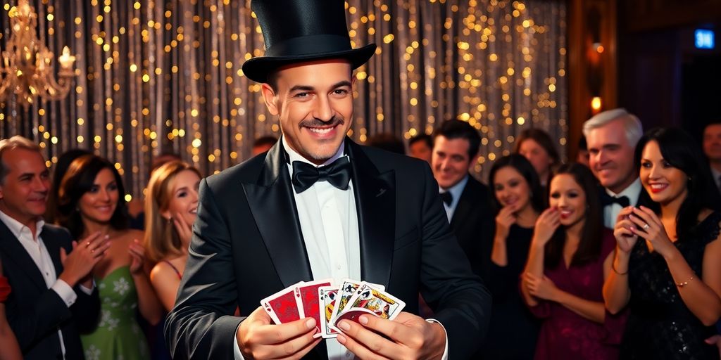 Magician performing card tricks to an amazed audience.