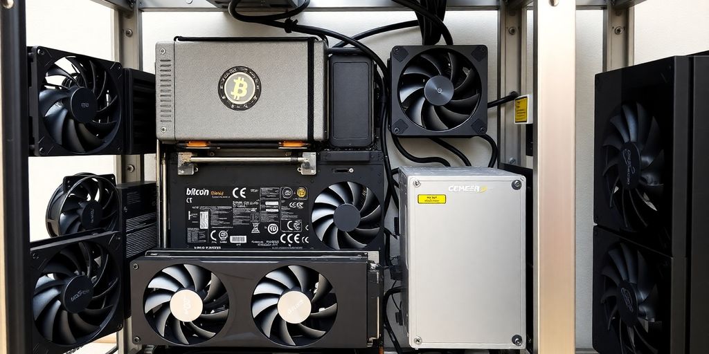 Photograph of Bitcoin mining hardware components.