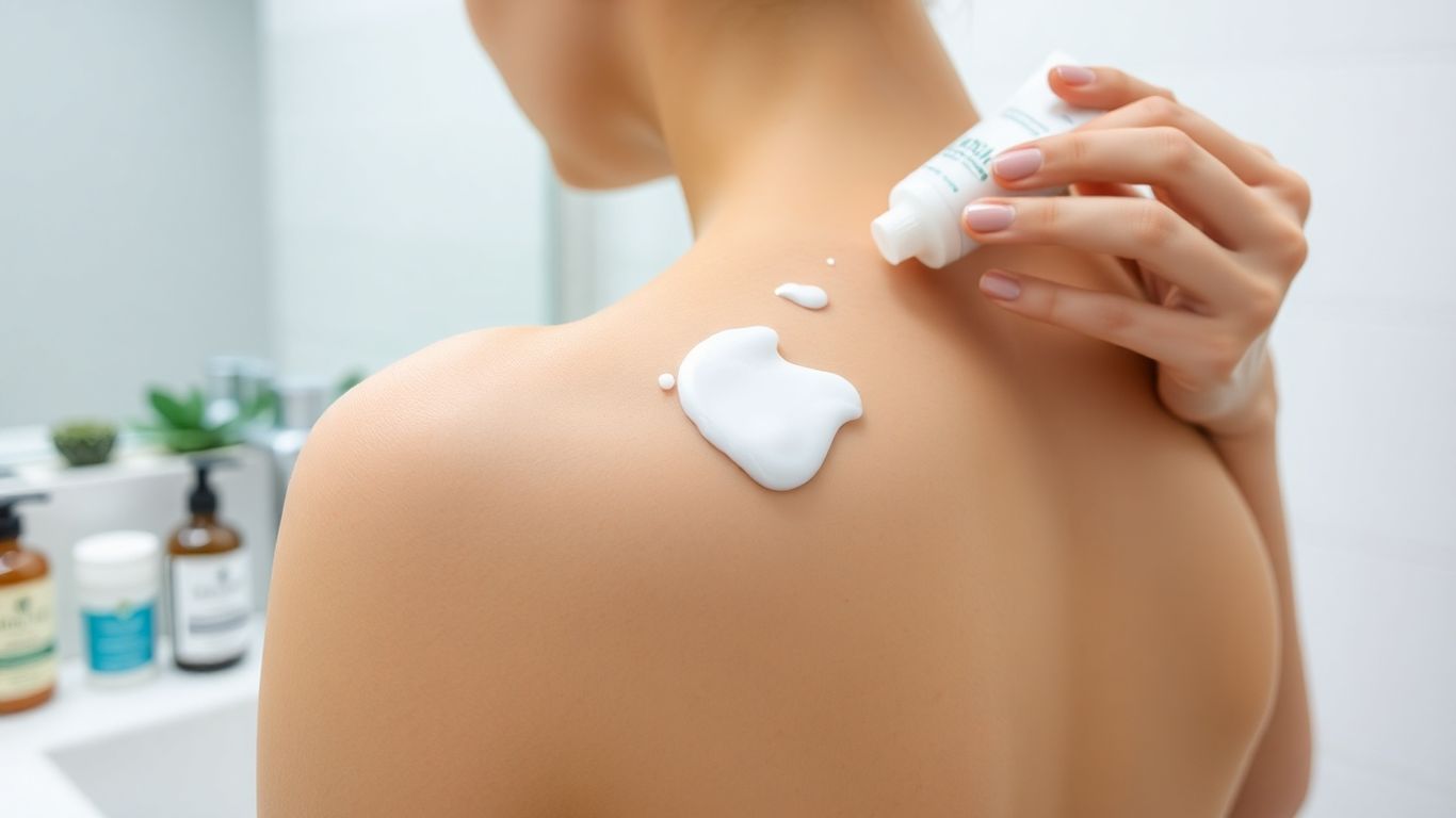 Person applying lotion to clear skin with skincare bottles nearby.
