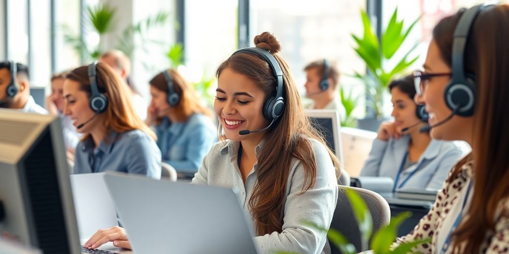 Agent smiling, headset on, supportive team