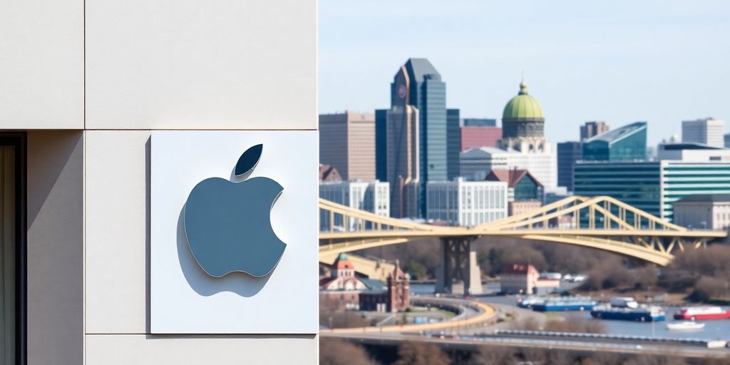 Apple logo on building, Pittsburgh skyline