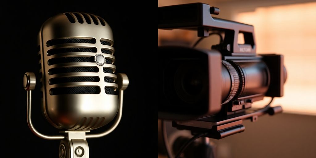 Podcast microphone next to a video camera.