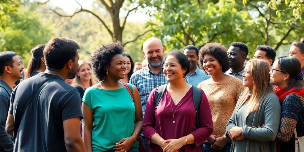 Diverse group of people engaging in civic conversation outdoors.
