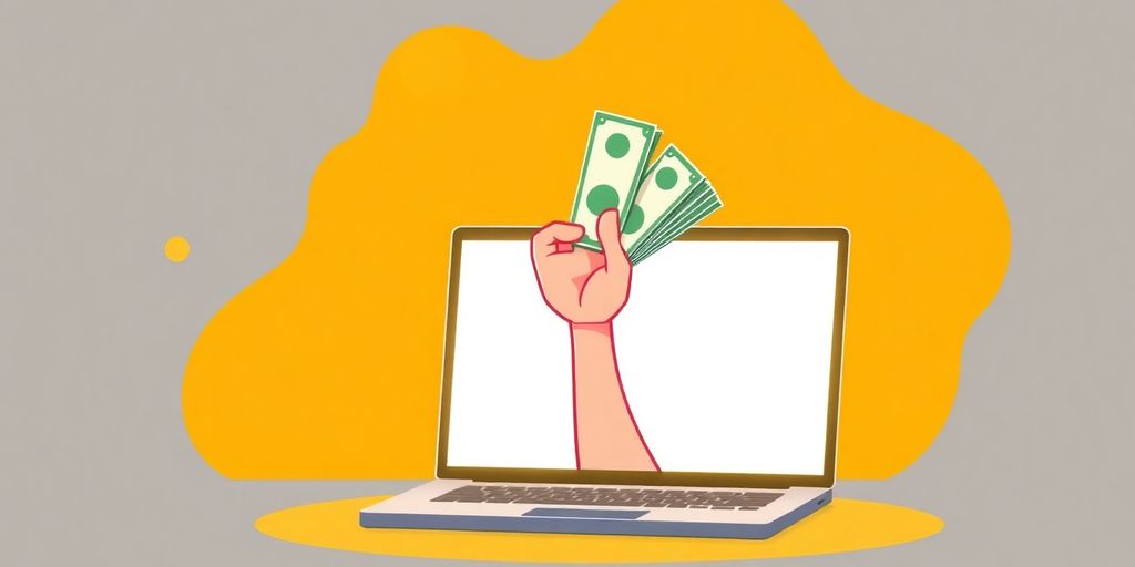 Cartoon hand receiving money from a laptop.