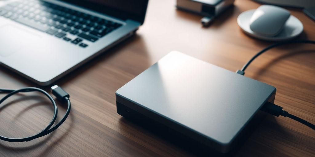 External hard drive and laptop on a tidy desk.