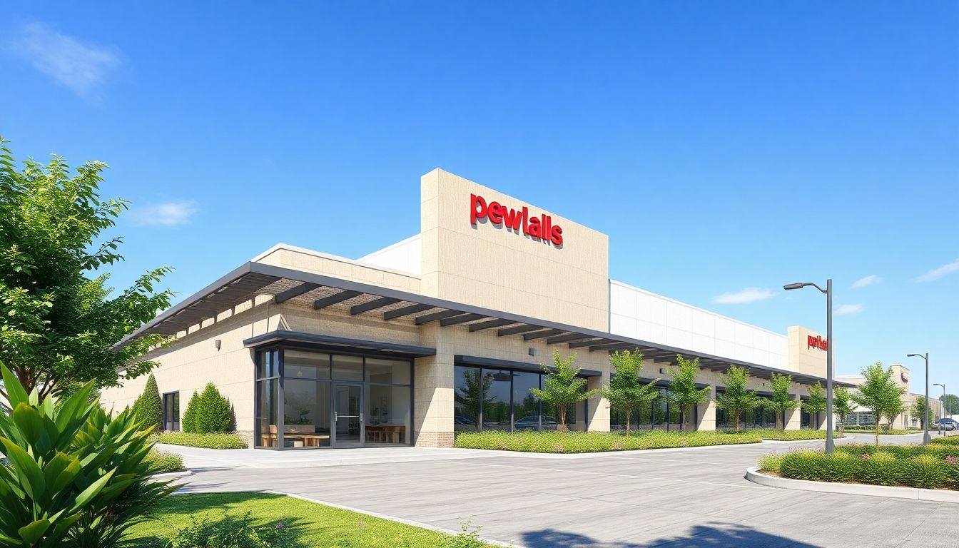 Renovated commercial property with greenery and modern design.