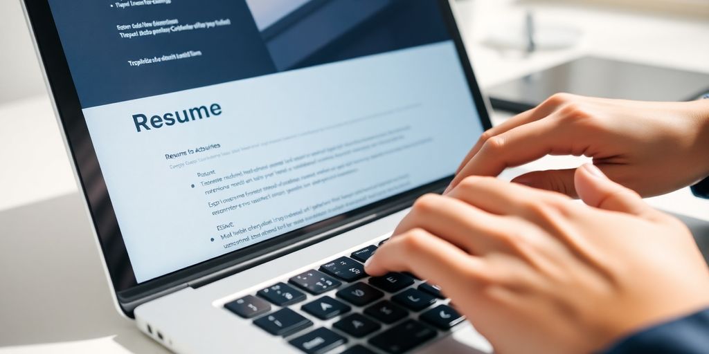 Laptop, resume, and keyboard.