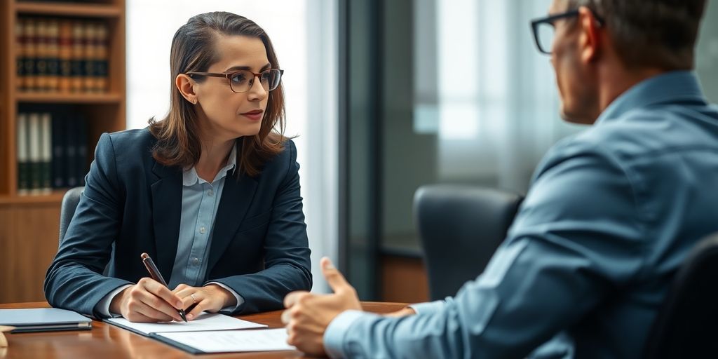Attorney consulting with client in a law office.